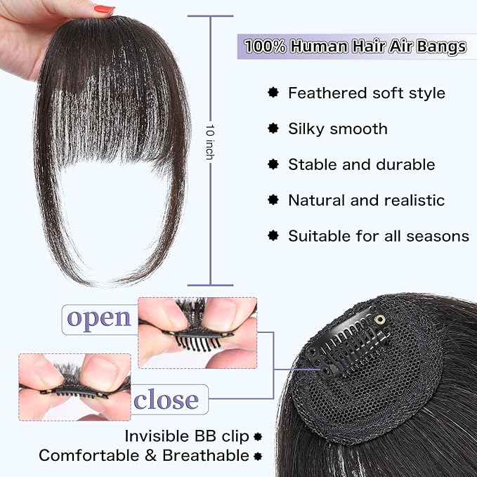 Wispy Bangs Hair Clip, 100% Human Hair Clip In Brown Black Bangs for Women, Soft Layered Fake Bangs with Feathered Fringe, Easy Clip-On Design for Daily Wear & Halloween