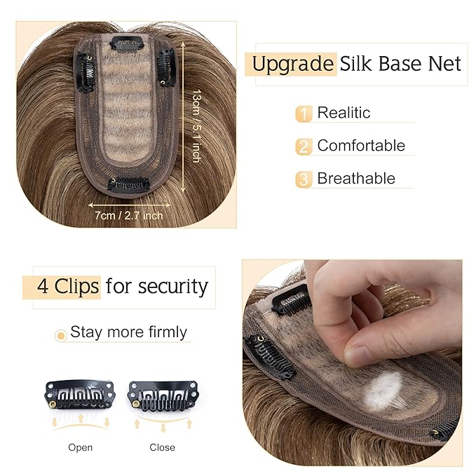 SEGO Human Hair Toppers for Women With Thinning Hair, 7 * 13CM Silk Base 100% Real Human Hair Clip in Top Wiglet Hairpieces /6 Inch No Bangs Medium Brown&Dark Blonde