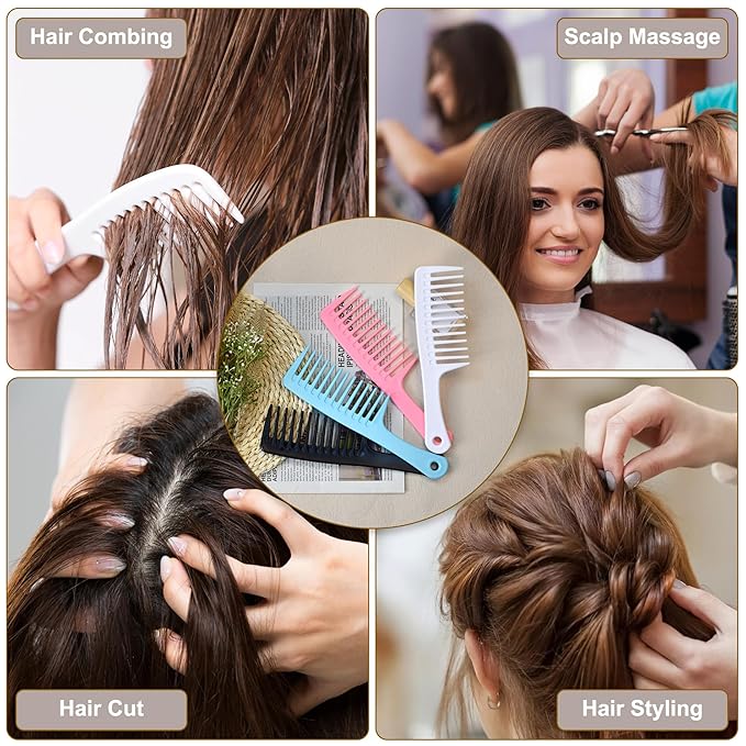 MODENGKONGJIAN 4PCS Wide Tooth Comb, Large Hair Detangling Comb Styling Comb for Curly, Wet, Long Hair with Handgrip (Black & Pink)