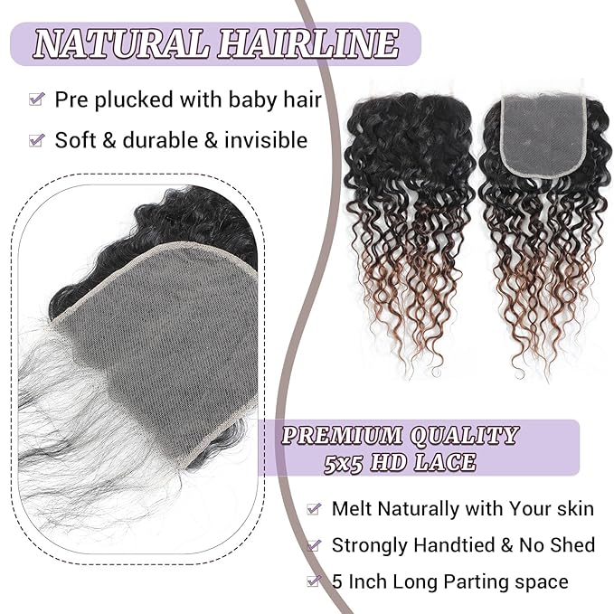 T1B/2/30 Ombre Water Wave Closure 5x5 100% Real Human Hair 20 Inch Chestnut Brown Ombre Water Wave Transparent Lace Closure