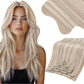 Moresoo Clip in Hair Extensions Remy Double Weft Human Hair Clip in Extensions Straight Hair Extensions for Women Ash Blonde Highlight with Blonde 7pcs 150g 24inch
