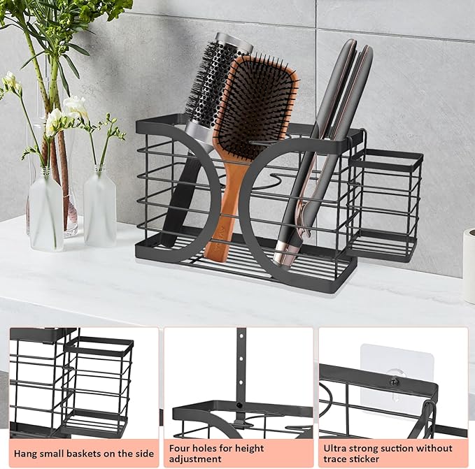 Elegant Black Wall Mounted Hair Dryer Holder - Stylish Bathroom Organiser for Hair Dryer & Straightener, Hair Brush & Accessories