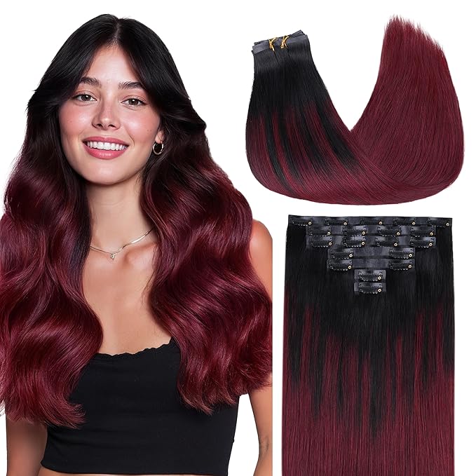 GOO GOO Clip in Hair Extensions Real Human Hair, Remy Human Hair Extensions Clip ins for Women, Natural Human Hair, 18inch 110g 7 Pcs, #1/99j Balayage Jet Black to Red Seamless Blend