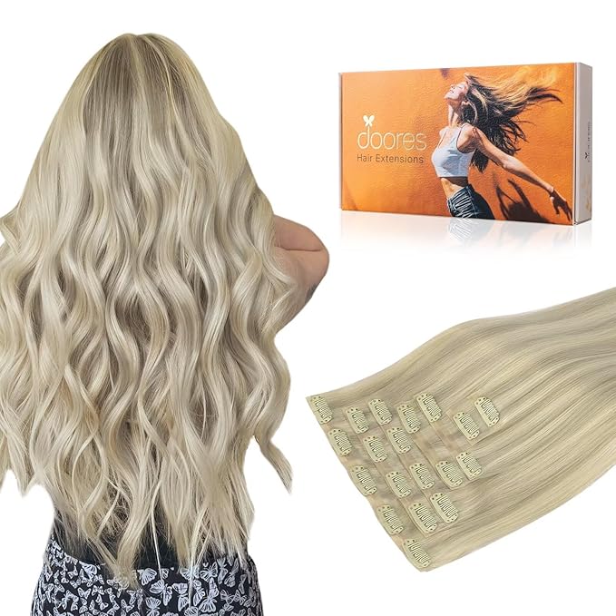 DOORES Human Hair Extensions - Ash Blonde Highlighted Platinum 120g 7pcs 24 Inch Seamless Clip in Straight Remy With Invisi Edge