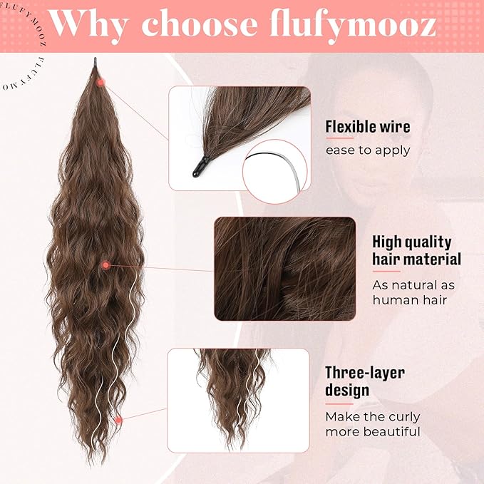 Flufymooz Ponytail Extension, Flexible Wrap Around Ponytail Extension Long Wavy Curly Hair Extensions Natural Synthetic Hairpiece for Women 32 Inch (Chocolate Reddish Brown)