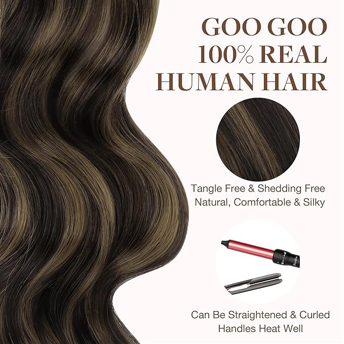 GOO GOO Tape in Hair Extensions Human Hair, 2/6 Dark Brown Highlighted Chestnut Brown, 22inch 100g 40pcs, Skin Weft Seamless Invisible, Silky Straight with Thick Ends, Remy Human Hair