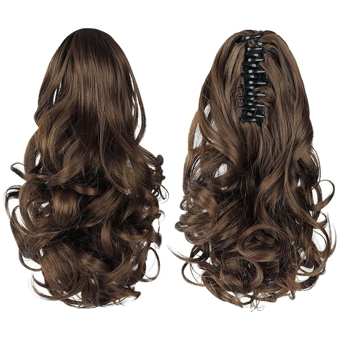 Ponytail Extension, Clip on Ponytails for Women, 12" Claw Clip in Short Curly Wavy Pony Hair Extension for Women - Brown