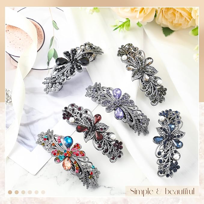 Geyoga 6 Pieces Vintage Hair Barrettes for Women Retro Flower French Pearl Crystal Rhinestones Clips Hair Pins for Women Styling Accessories(Delicate Style)