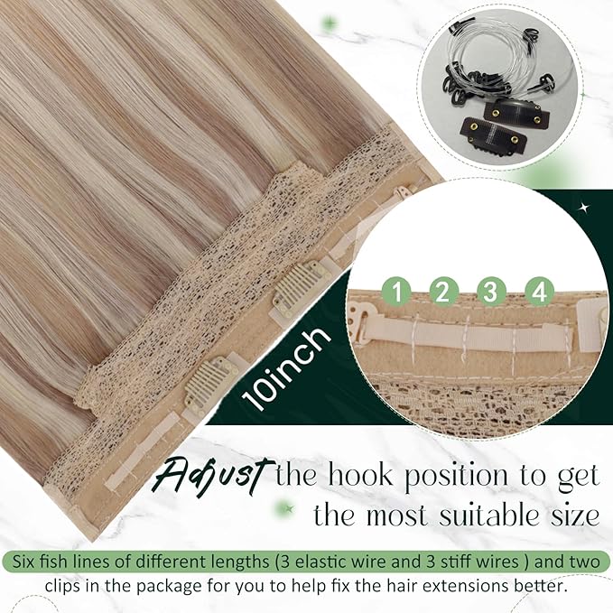 RUNATURE Wire Hair Extensions Real Human Hair, Balayage Invisible Fish Line Extensions, Straight Remy Natural Hair, Add Volume 16 Inch 80g #18/22/60 Ash Blonde to Light Blonde Mix Bleach Blonde
