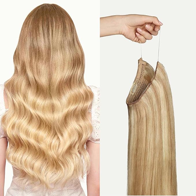 Luxy 100% Remy Human Hair – Halo Clip-In Hair Extensions –Natural Looking Volume & Length - One-Piece - Easy 5-Min Application 180 grams 20" Dirty Blonde Highlights