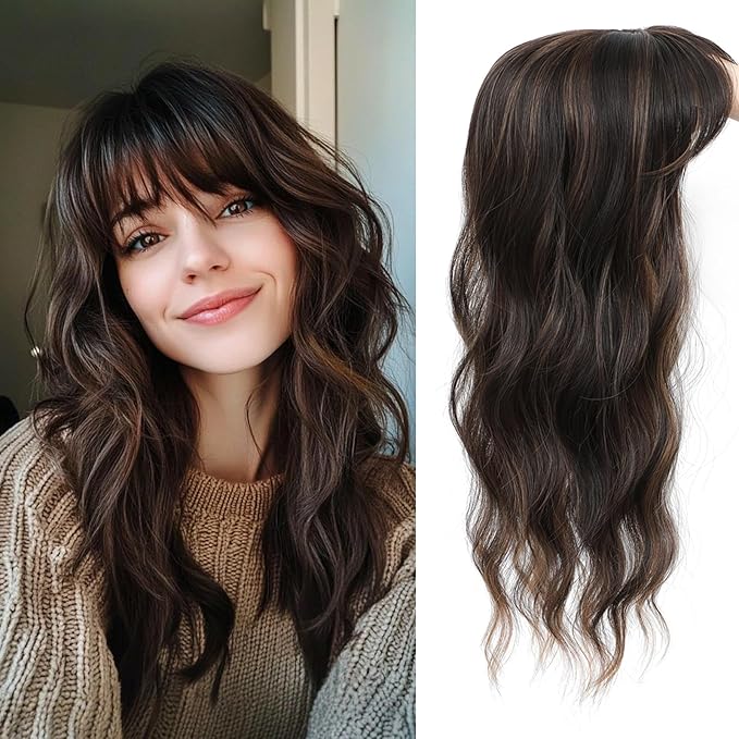 Hair Topper, 360° 3D Hair Toppers for Women with Thinning Crown, 18 Inch Long Wavy Curly Hair Pieces Clip in Bangs (Dark Brown Mixed Chestnut, 18 inch, French Bangs)