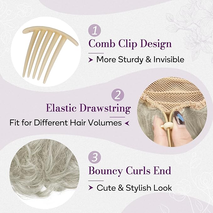 BARSDAR Short Gray Ponytail Extension - 10 Inch Loose Curly Wavy Drawstring Comb Clip Pony Tails Hairpieces for Women, Synthetic Clip in Ponytail Hair Extensions Daily - Silver Grey