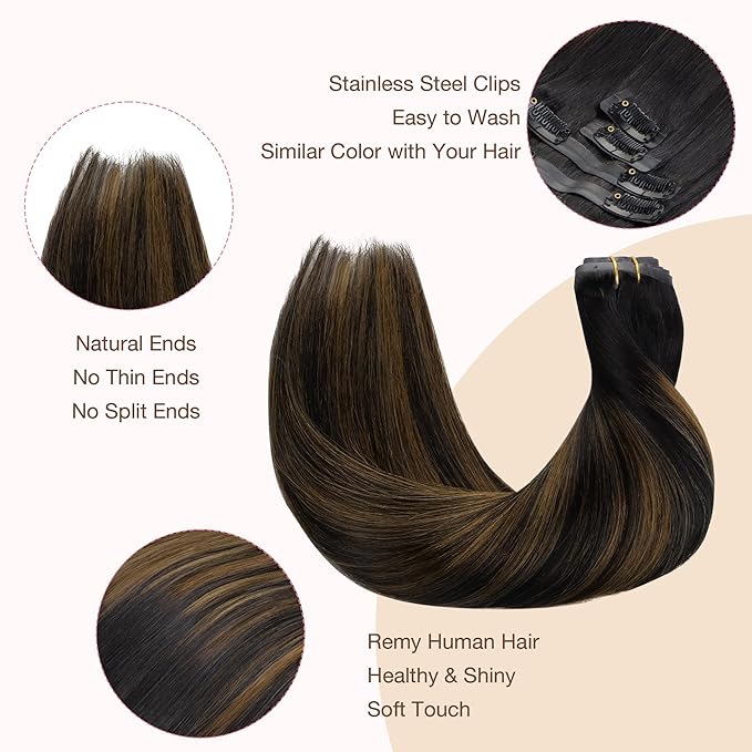 GOO GOO Clip in Hair Extensions Real Human Hair, Remy Human Hair Extensions Clip ins for Women, Natural Human Hair, 14inch 110g 7Pcs, 1B/6/1B Balayage Natural Black to Chestnut Brown