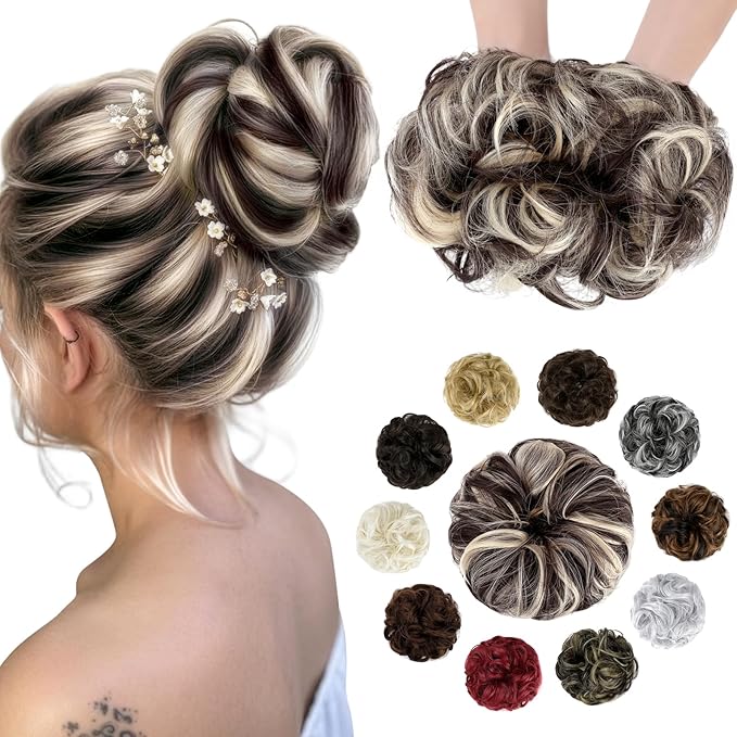 Messy Bun Hair Piece Wavy Curly Scrunchies Fluffy Donut Thick Updo Elegant Chignon Hairpieces for Women Girls, Black Brown Mix Bleach Blonde 1.4oz