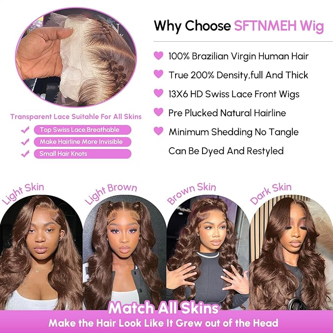 34 Inch Chocolate Brown Body Wave Lace Front Wigs Human Hair 200 Density 13x6 HD Lace Frontal Wigs Human Hair Brown Glueless Wig For Women Pre Plucked with Natural Hairline