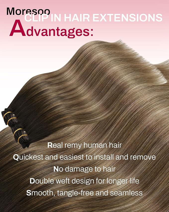 Moresoo Clip in Hair Extensions Human Hair Remy Dark Brown to Golden Brown with Dark Honey Blonde Balayage Human Hair Extensions Clip ins Remy Thick Pure Skin 135g/7pcs 16 Inch