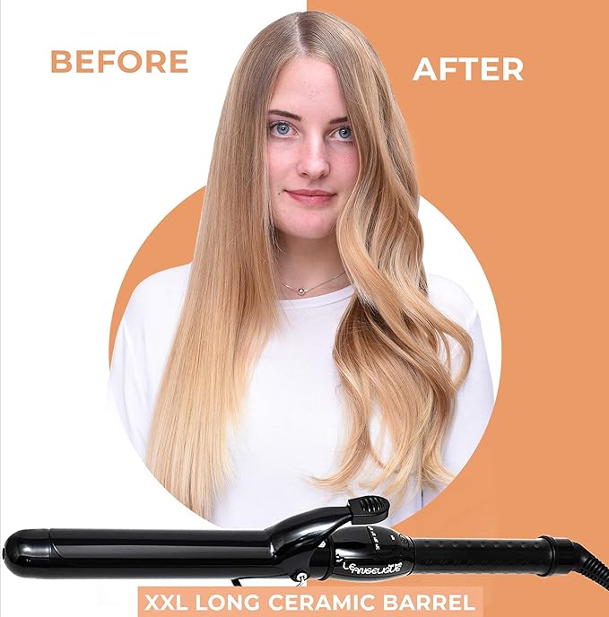 Le Angelique 1.25 Inch Curling Iron with Clip - Professional 8" Extra Large Barrel for Big Long Hair | 1 1/4" 32mm Wide Thick Ceramic Curler Wand | Adjustable Temperature | Dual Voltage