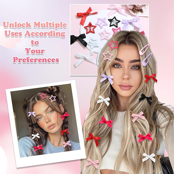 36Pcs Pink Mini Bow Hair Clips 6 Color Water Drop No Slip Hair Clips for Women White Star Snap Hair Barrettes Black Small Hair Bows Star Bowknot Hair Accessories for Girls