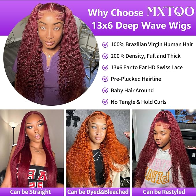 18 Inch 99J Burgundy Lace Front Wigs Human Hair Deep Wave 13x6 HD Lace Front Wigs Pre Plucked with Baby Hair Wet and Wavy Human Hair Wig 200% Density Deep Curly Frontal Wigs for Black Women