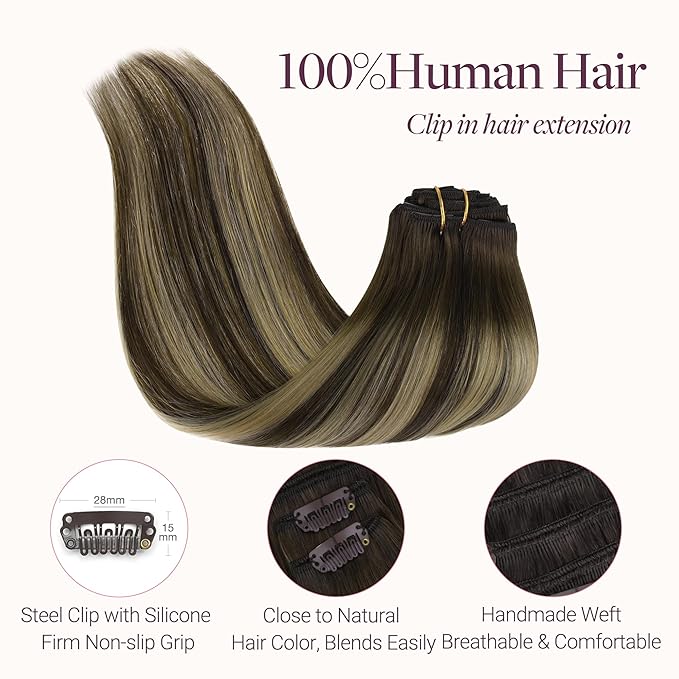 GOO GOO Clip in Hair Extensions Real Human Hair, Remy Human Hair Extensions Clip ins for Women, Natural Human Hair, 14inch 150g 9Pcs, 4/26/4 Balayage Chocolate Brown to Honey Blonde