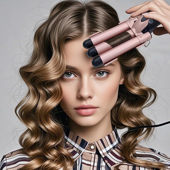 3 Barrel Curling Iron, 1 Inch Ceramic Tourmaline Hair Waver Wand with LCD Temperature Display, Fast Heating Foldable Crimpers for Travel Glove Included (Gold)