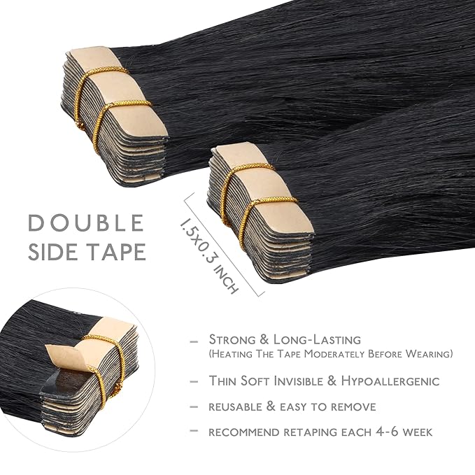 WENNALIFE Tape in Hair Extensions Human Hair, 20pcs 50g 16 inch Jet Black Remy Straight Extensions Skin Weft Tape Extensions