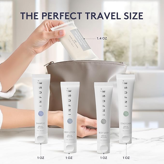 Infuse Pure White Tea and Coconut Hotel Soaps and Toiletries Bulk Set | 1-Shoppe All-In-Kit for Airbnb | 1oz Shampoo & Conditioner, Body Wash, Lotion & 1.25oz Bar Soap | Travel Size 150 Pieces