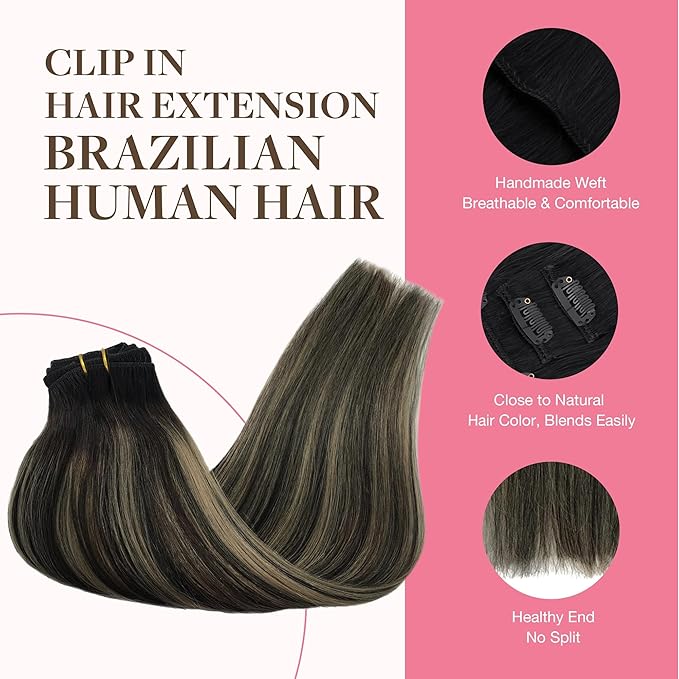 GOO GOO Clip in Hair Extensions Real Human Hair, Remy Human Hair Extensions Clip ins for Women, Natural Human Hair, 16inch 150g 9Pcs, 1B/16/1B Balayage Natural Black to Light Blonde