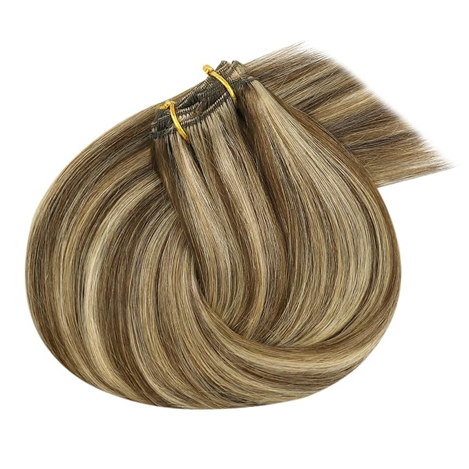 Ve Sunny Clip in Hair Extensions Real Human Hair Highlights Human Hair Clip in Extesnions Dark Brown Highlight Blonde Hair Extensions for Women Clip in 22Inch 7pcs 120g