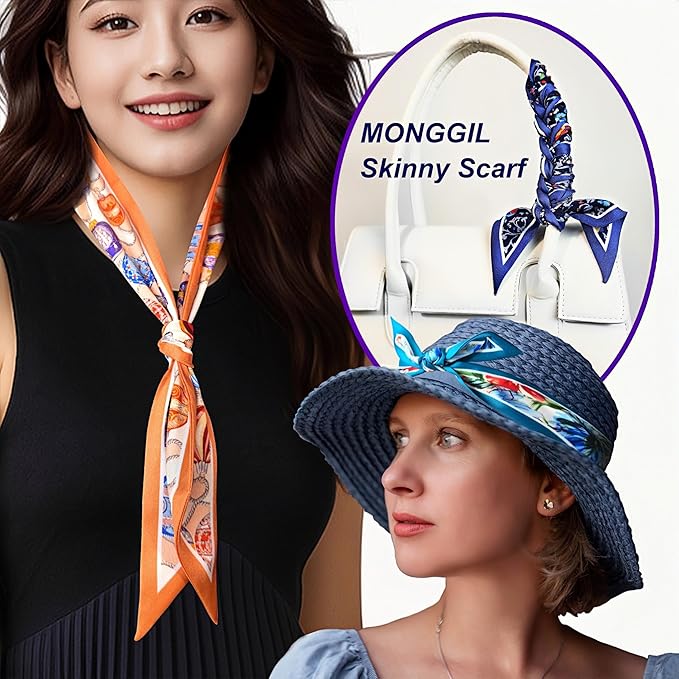 Skinny Scarf 3 Pack for Women – Bag Scarf, Silk Hair Scarves (Original Prints, Premium Twill, 3 Designs)