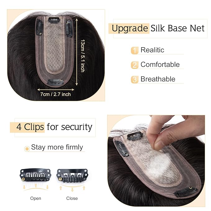 SEGO Human Hair Toppers for Women With Thinning Hair, 7 * 13CM Silk Base 100% Real Human Hair Clip in Top Wiglet Hairpieces -18 Inch No Bangs Natural Black