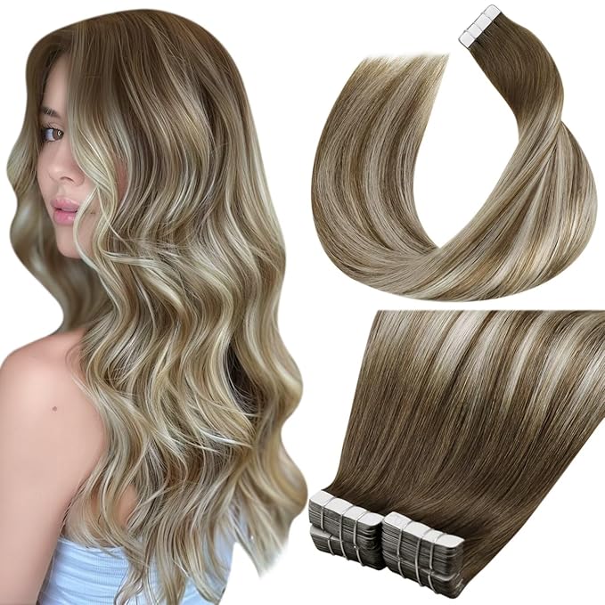 LaaVoo Tape in Hair Extensions Balayage Tape in Extensions Ash Brown to Blonde Mix Platinum Blonde Hair Extension Tape on Seamless 20 Inch 40pcs 100g