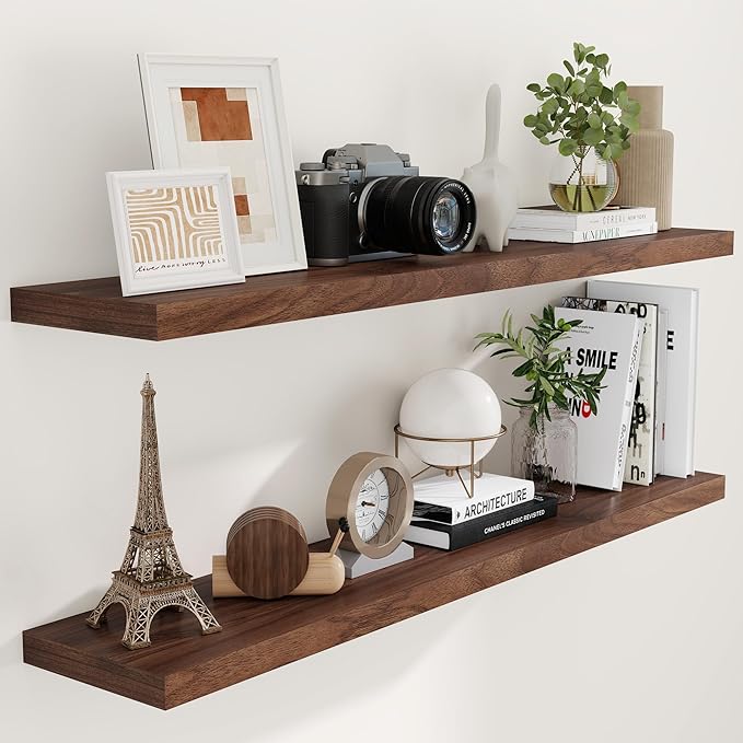 55 Inch Floating Shelves Set of 2, Rustic 55 x 9 Floating Shelf for Wall, 9 Inch Deep Wall Shelves Invisible Bracket, Large Deep Shelving for Bedroom, Kicten, Living Room, Walnut Color