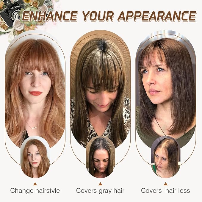 Rich Choices Real Human Hair Toppers for Women With Bang 100% Remy Human Hair Topper for Thinning Hair Clip in Silk Base Hair Topper 10 Inch #4P27 Medium Brown Mix Dark Blonde