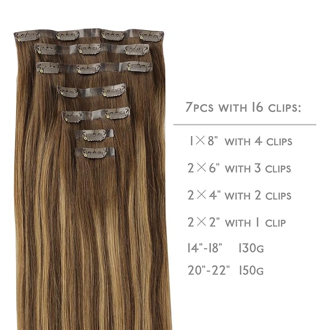 WENNALIFE Seamless Clip In Hair Extensions, 22 Inch 150g 7pcs Balayage Chocolate Brown to Caramel Blonde, Clip In Human Hair Invisible PU Skin Weft Natural Remy Human Hair Extensions