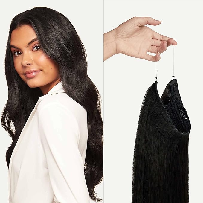 Luxy 100% Remy Human Hair – Halo Clip-In Hair Extensions –Natural Looking Volume & Length - One-Piece - Easy 5-Min Application 180 grams 20" Off Black Halo