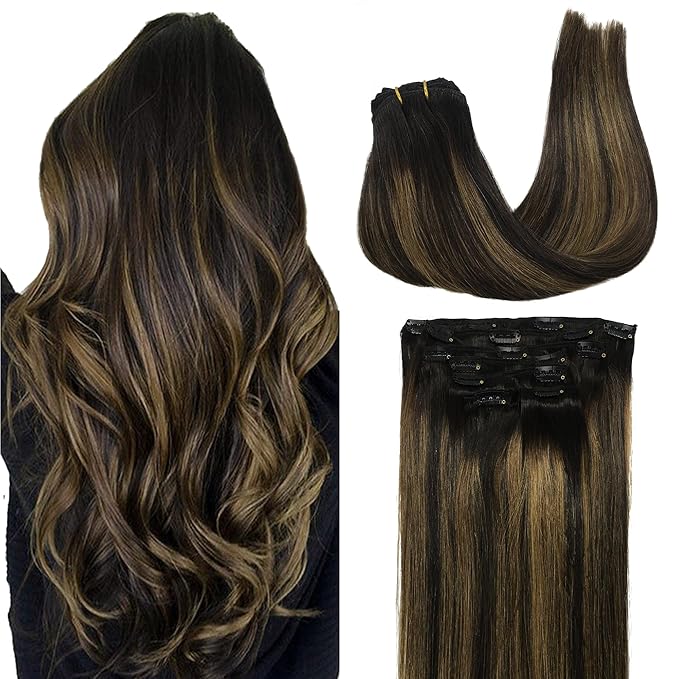 GOO GOO Clip in Hair Extensions Real Human Hair, Remy Human Hair Extensions Clip ins for Women, Natural Human Hair, 20inch 120g 7Pcs, 1B/6/1B Balayage Natural Black to Chestnut Brown