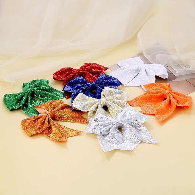 Large Glitter Cheer Bows Clips, Jumbo Big 7 Inch Cheerleading Sequin Hair Bow Hair Accessories for Teens Girls Football Sports Cheerleader Outfit Uniform (Bright Orange)