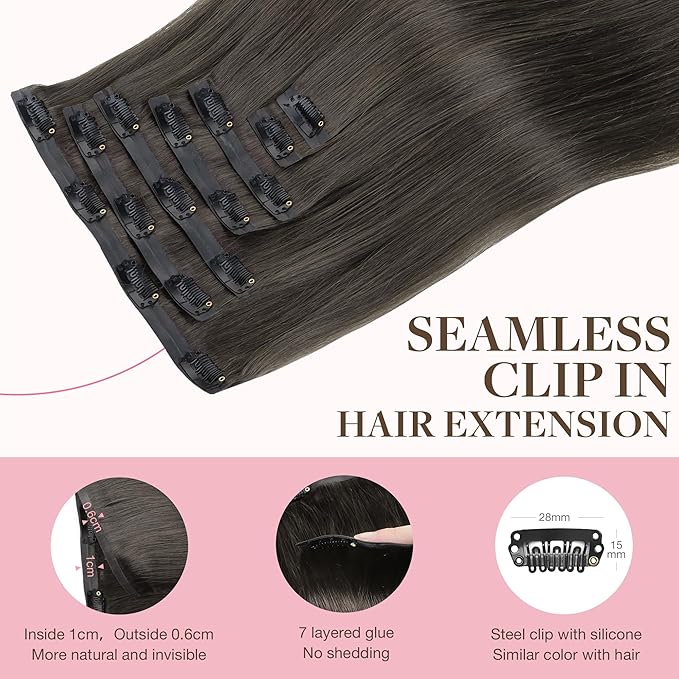 GOO GOO Clip in Hair Extensions Real Human Hair, Remy Human Hair Extensions Clip ins for Women, Natural Human Hair, 24inch 120g 7Pcs, 1C Mocha Brown