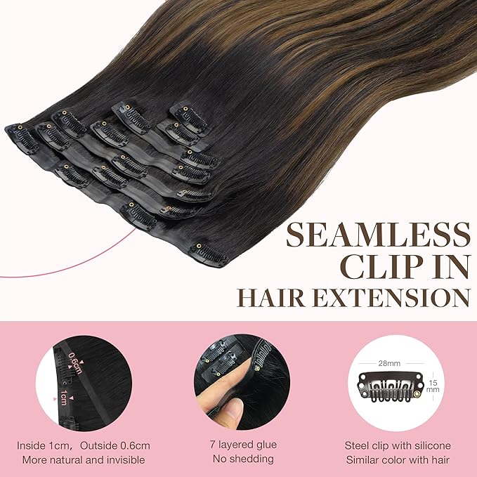 GOO GOO Clip in Hair Extensions Real Human Hair, Remy Human Hair Extensions Clip ins for Women, Natural Human Hair, 14inch 110g 7Pcs, 1B/6/1B Balayage Natural Black to Chestnut Brown