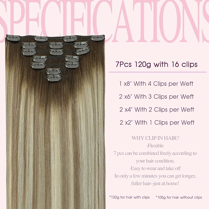 PINKPEARL Clip in Human Hair Extensions #3/8/22 Balayage Walnut Brown to Ash Brown and Golden Blonde Clip in Hair Extensions Real Human Hair 7pcs 120g 22inch Human Hair Extensios Clip ins(#3/8/22-22)