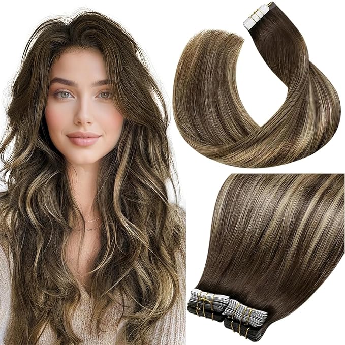LaaVoo Tape in Hair Extensions Balayage Brown Tape in Extensions Human Hair Ombre Brown to Caramel Blonde with Brown Hair Extensions Tapes on Silky Straight Hair 16Inch 40pcs 100g