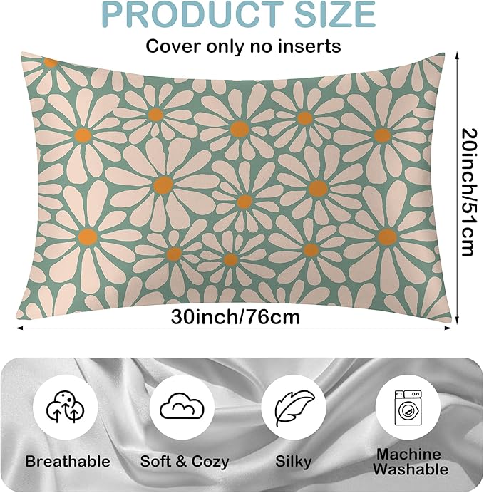 Boho Daisy Flowers Floral Groovy Retro Satin Pillow Case Queen Size,Soft Pillowcases for Hair and Skin Similar to Silk,Pillowcases with Hidden Zipper Bedding Accessories,20X30 Inches,1 Pack