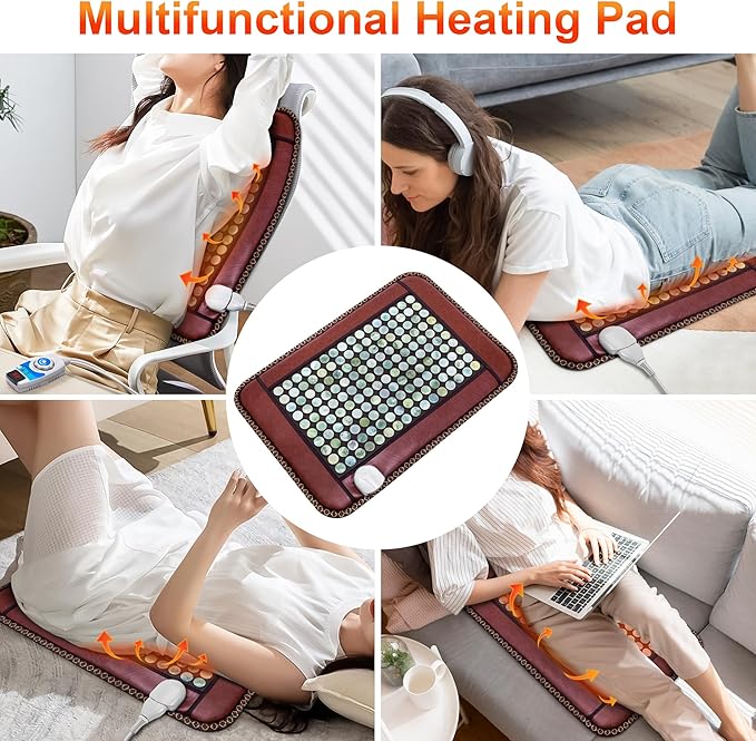 Natural Blue Jade Heating Pad, Infrared Heating Pad, Far Infrared Heating Pads with Travel Bag and Chair Strap, Smart Controller with Memory Function, Auto Shut Off (Brown, 25 in x 18 in)
