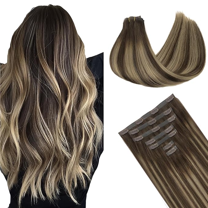 GOO GOO Clip in Hair Extensions Real Human Hair, Remy Human Hair Extensions Clip ins for Women, Natural Human Hair, 20inch 151g 7Pcs, 4/26/4 Balayage Chocolate Brown to Honey Blonde