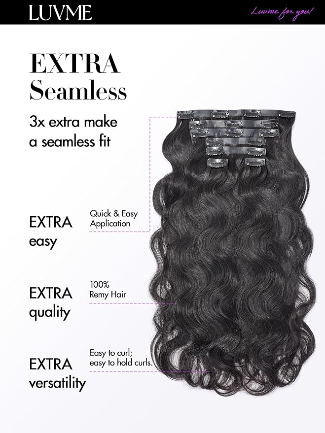 LUVME Body Wave Seamless 2 Pack 220g 14Pcs Clip in Hair Extensions Full Max with 24inch Remy Human Hair Extensions, Natural Black 100% Real Soft Hair
