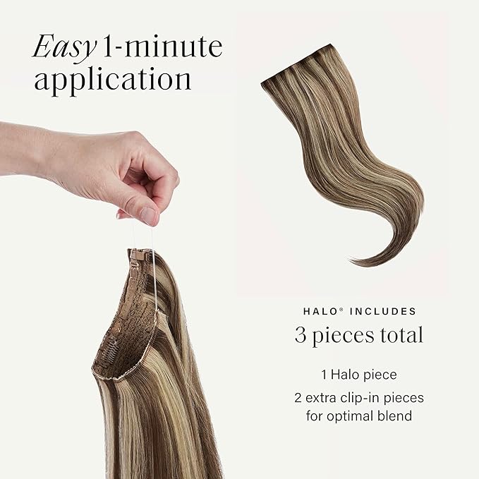 Luxy 100% Remy Human Hair – Halo Clip-In Hair Extensions –Natural Looking Volume & Length - One-Piece - Easy 5-Min Application 180 grams 20" Ash Brown Highlights
