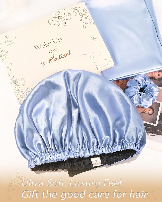 YANIBEST Adjustable Satin Bonnet Double Layer Hair Bonnet for Sleeping Bonnets for Women Hats Curly Natural Hair, Sky Blue