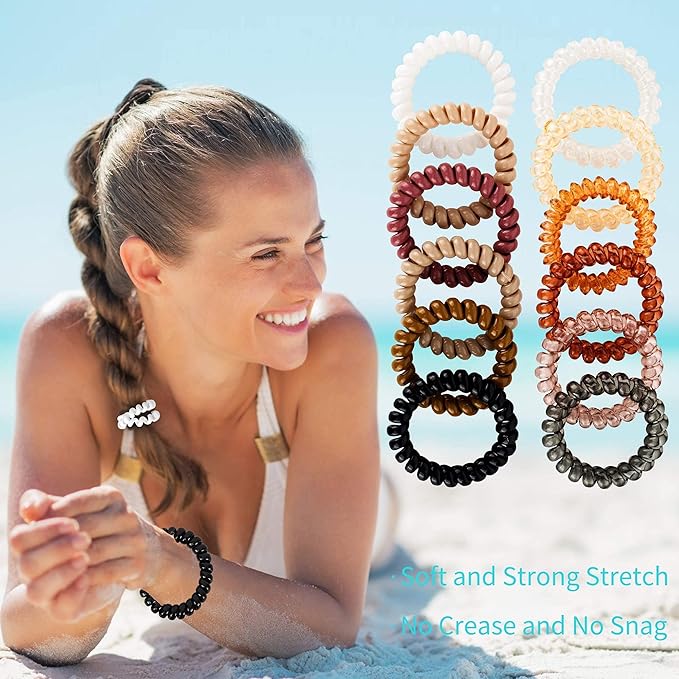 79STYLE Spiral Hair Ties 24pcs No Crease Clear Brown Coil Hair Ties Spiral Ponytail Holders Coils Scrunchies Plastic Phone Cord Hair Bands for Women Girls (Neutral Colors-Large Size)