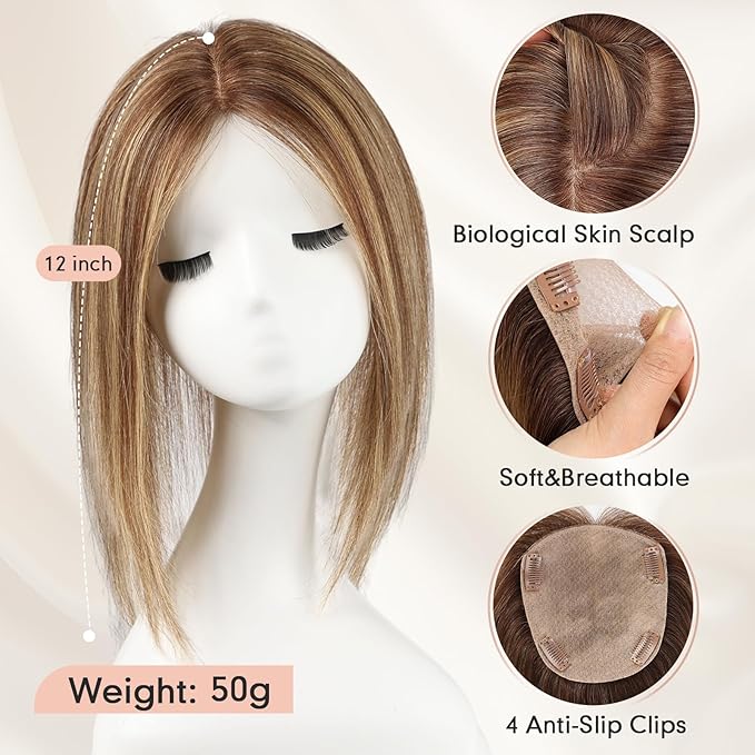 starluck Hair Toppers for Women Real Human Hair 5"*5.5"Large Coverage Mixed Brown No Bangs 100% Real Human Hairtoppers for Women with Thinning Hair Cover Gray Roots